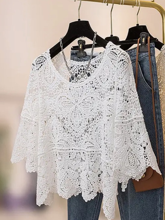 Tops - Elegant White Cotton Crochet Lace Top